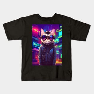 Techno Cat In Japan Neon City Kids T-Shirt